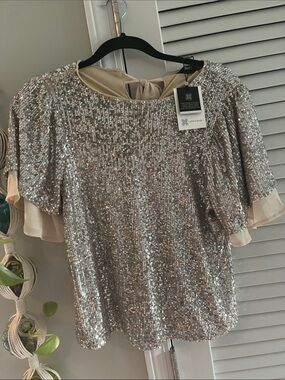 Cable & Gauge Silver Sequin Flutter Sleeve Blouse